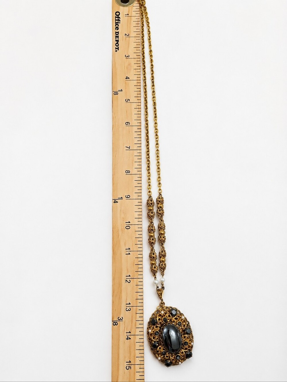 Vintage West Germany Gold-Tone Filigree Necklace with Black Cabochon Pendant - Picture 7 of 7
